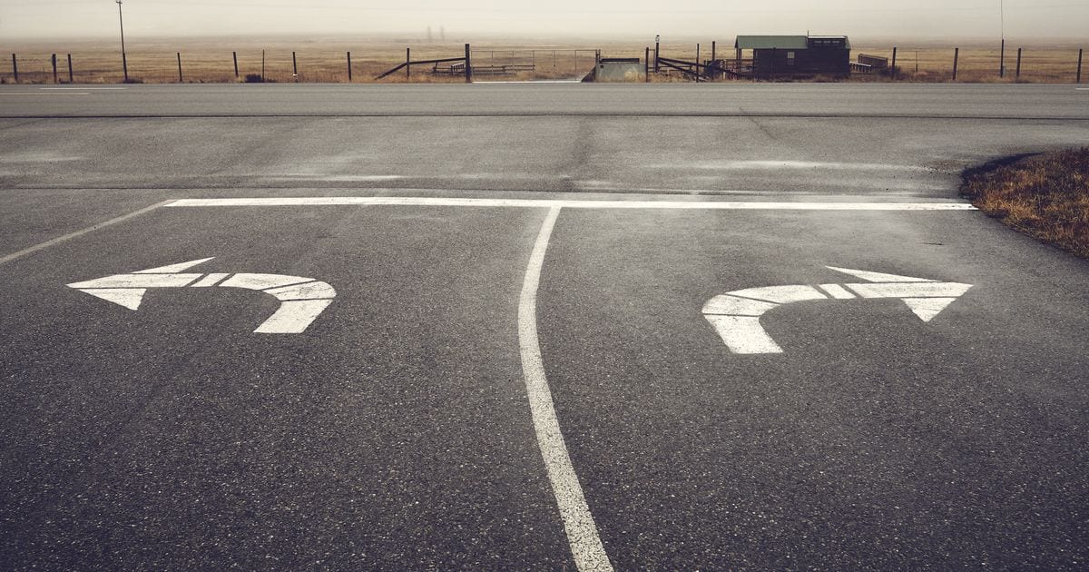 Two white arrows painted on wet asphalt at a road junction, one turning left and one turning right, with fog over the fields beyond